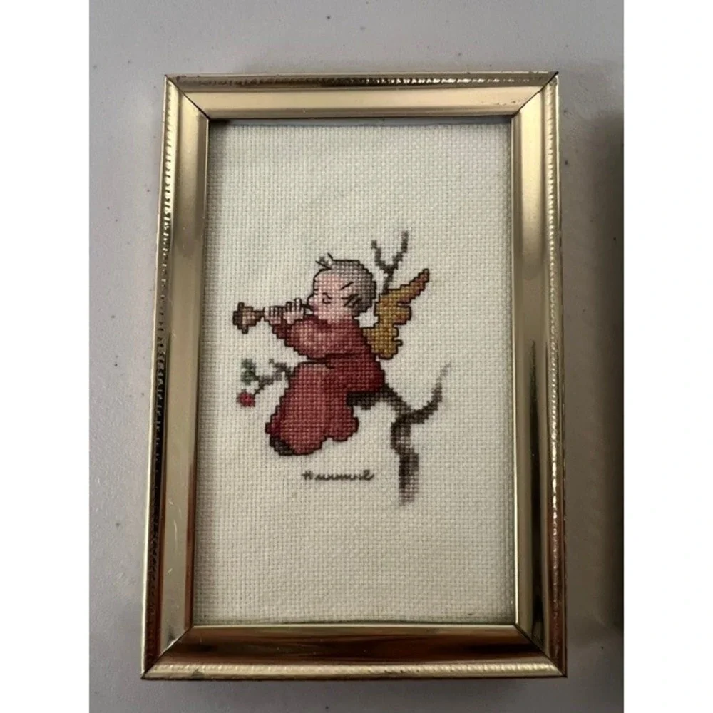 Vintage Hummel Style Framed Cross Stitch Set of 2 Angel & Child Sledding 4x6